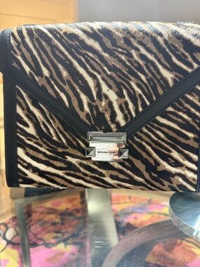 Michael Kors Black & Brown Tiger-Print Envelope Clutch